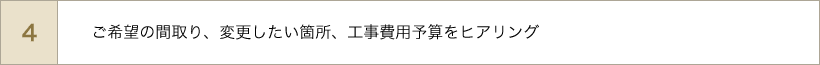 ご希望の間取り、変更したい箇所、工事費用の予算をヒアリング